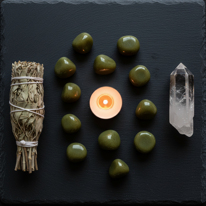 A styled flat-lay of green tumbled stones arranged in a circle around a small lit candle, with a white sage smudge bundle on the left and a clear quartz point crystal on the right, all set on a dark slate background.