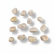 Fourteen polished tanzanite tumbled stones arranged in a loose grid on a white background with soft drop shadows.