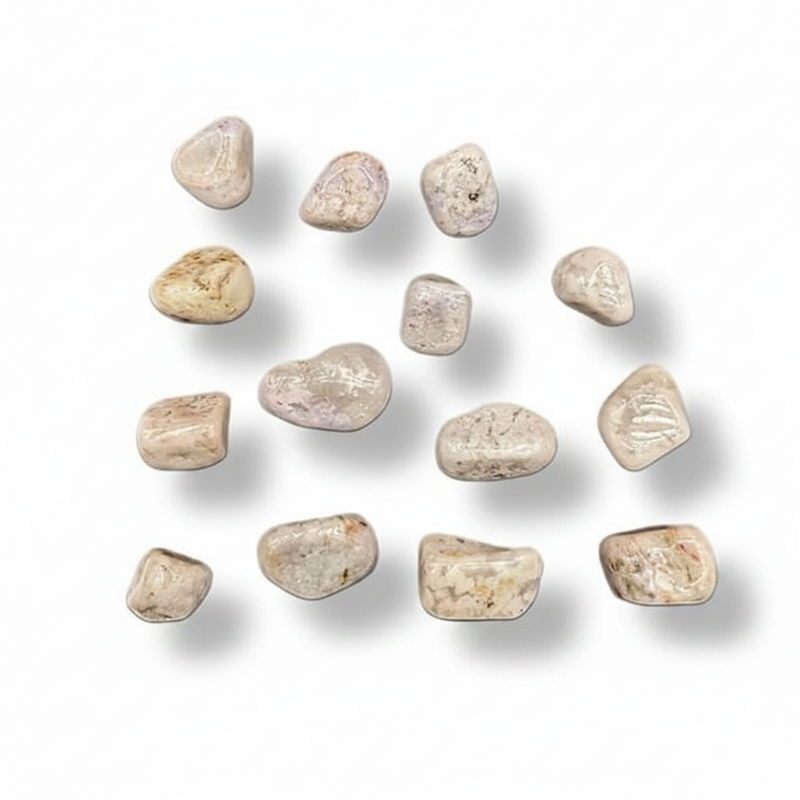 Fourteen polished tanzanite tumbled stones arranged in a loose grid on a white background with soft drop shadows.