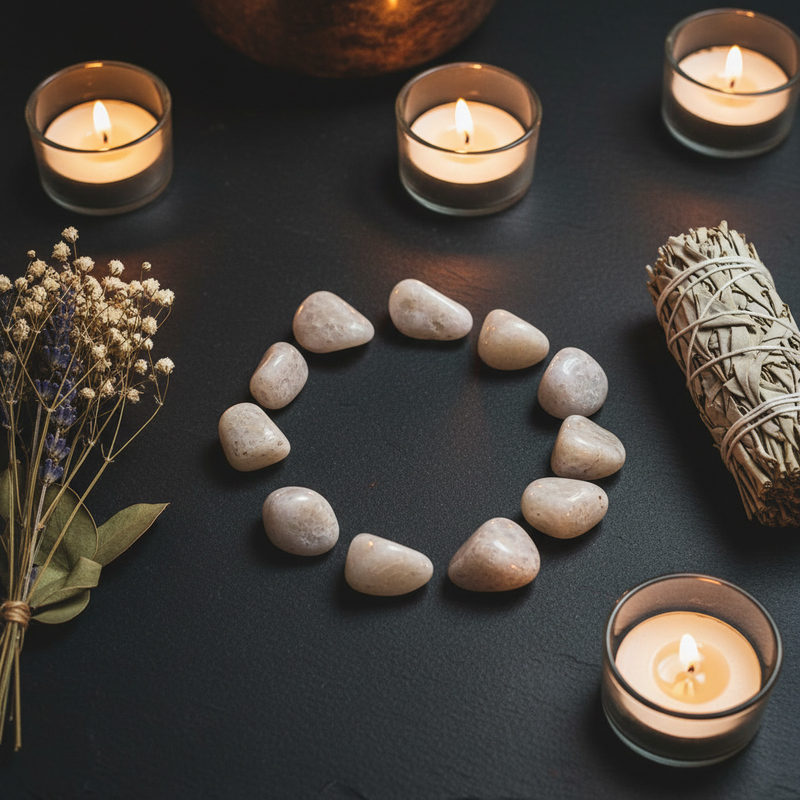 Tanzanite stones in a  circle arrangement on a dark slate surface, surrounded by three lit tealight candles, a bundle of white sage, and dried baby's breath flowers.
