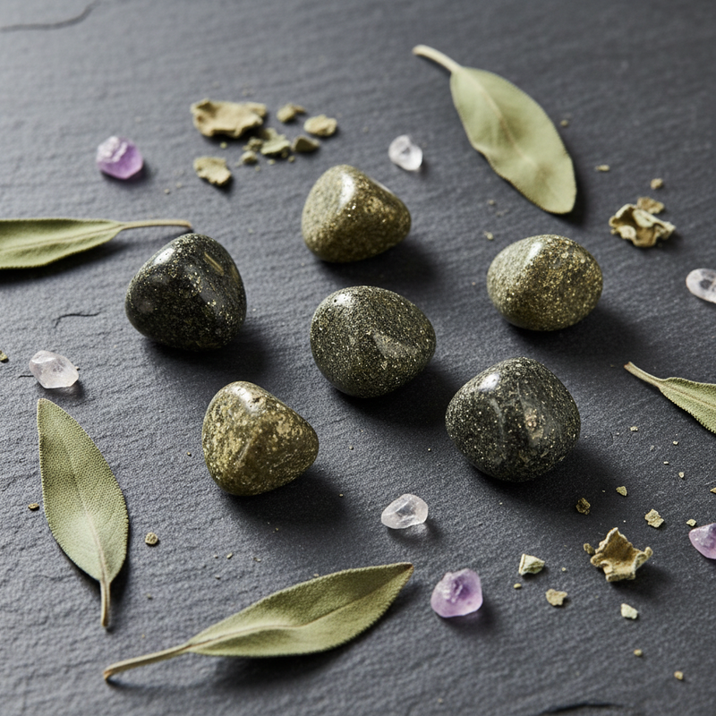 Mineral stones and crystals on a dark surface with leaves