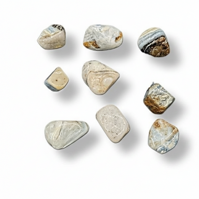 Nine polished tumbled stones in natural stone colors, including gray, blue, white, and brown, arranged on a white background with soft drop shadows.