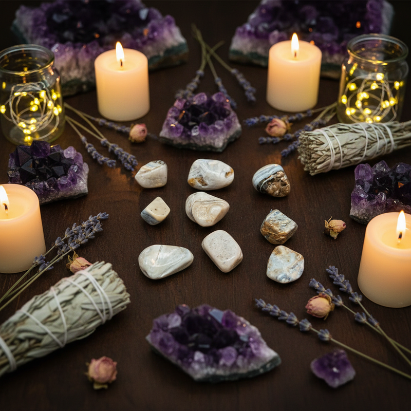 A styled flat-lay of various Schellite, amethyst geodes, dried lavender sprigs, sage smudge bundles, and burning white pillar candles on a dark wooden surface.