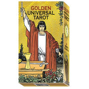 Box of Golden Universal Tarot cards with a figure in robes holding a candle on a yellow background.