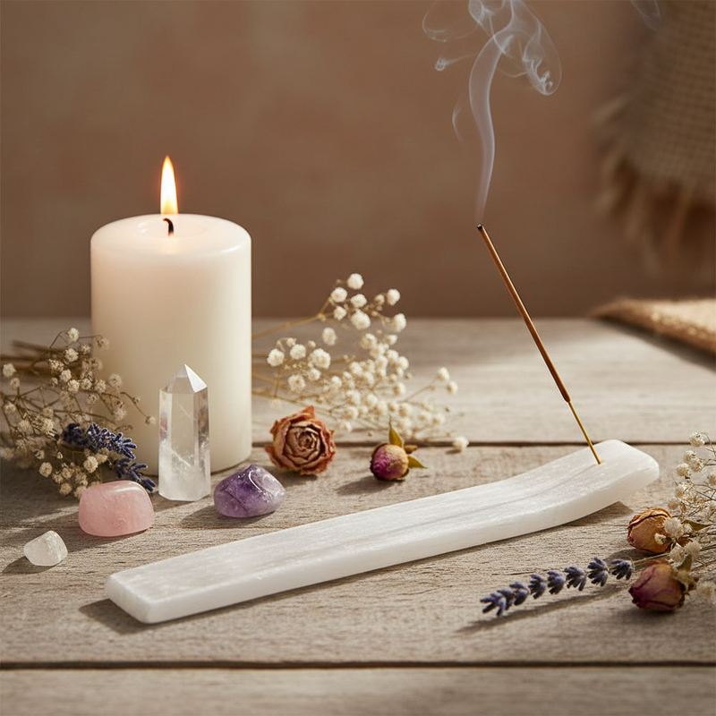 A white carved incense holder with a smoking incense stick, styled on a rustic wooden surface with a lit white pillar candle, crystals, dried flowers, and lavender sprigs.