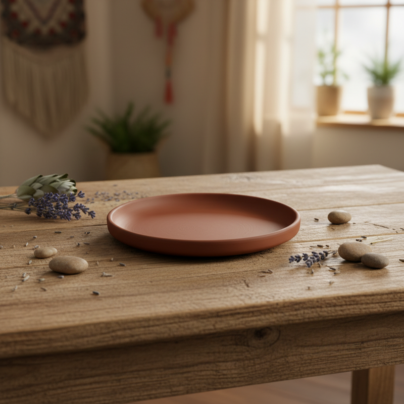 Ceramic plate on a wooden table with decorative elements