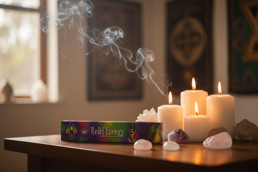Colorful banner with 'Reiki Energy' text and symbols on a table with white candles and crystals
