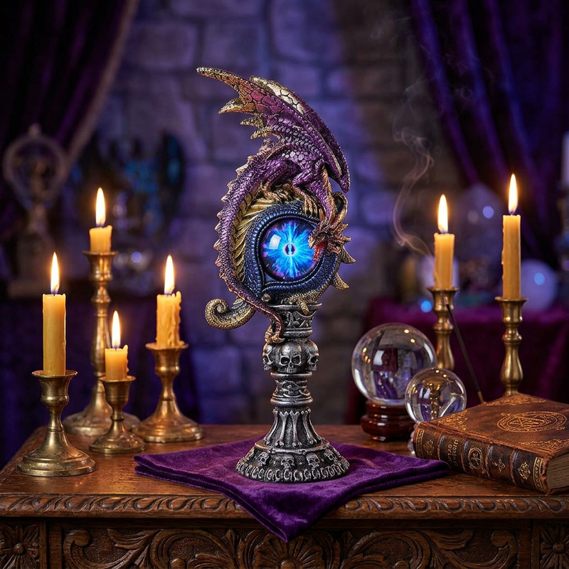 A decorative fantasy crystal sphere on a metallic pedestal with a purple dragon sculpture, displayed on a wooden table surrounded by lit candles, crystal balls, and an old book in a mystical room.