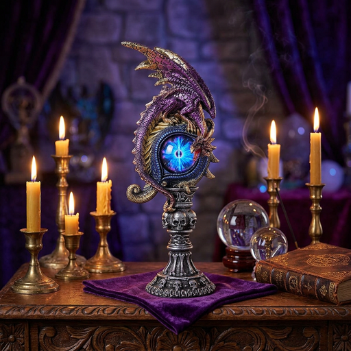 A decorative fantasy crystal sphere on a metallic pedestal with a purple dragon sculpture, displayed on a wooden table surrounded by lit candles, crystal balls, and an old book in a mystical room.