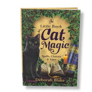 Book cover of 'The Little Book of Cat Magic' with a black cat, books, and candle on a gold background.