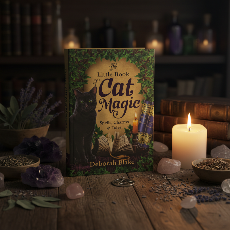 Book titled 'The Little Book of Cat Magic' by Deborah Blake on a wooden table with candles and crystals.