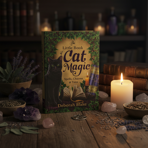 Book titled 'The Little Book of Cat Magic' by Deborah Blake on a wooden table with candles and crystals.