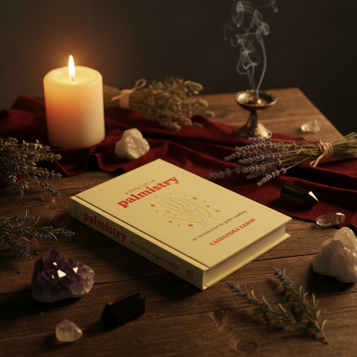 Book titled 'Principles of Palmistry' on a wooden table with candles, crystals, and herbs.