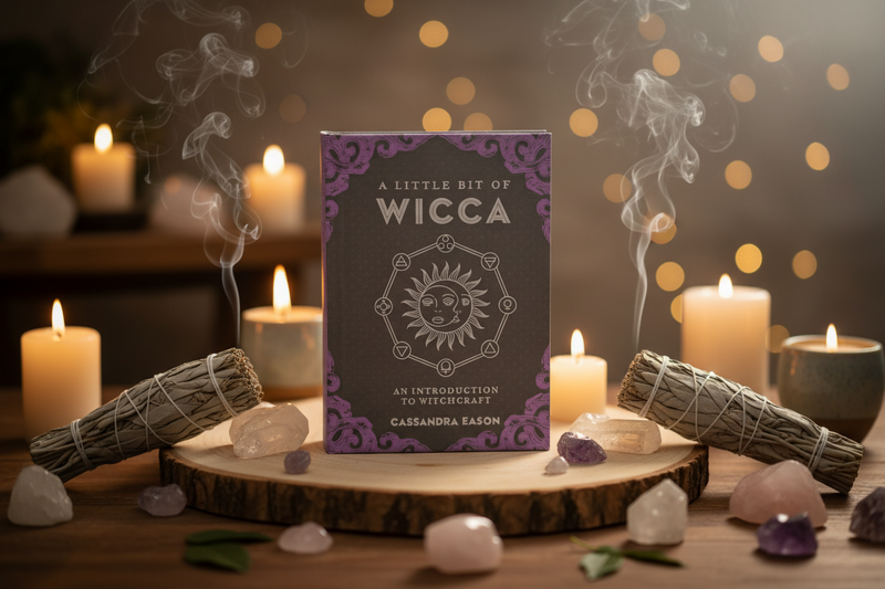 A book titled "A Little Bit of Wicca" stands centered on a wooden surface, surrounded by lit candles, smoky incense sticks, crystals, and a blurred warm bokeh background. The box is dark gray with purple ornamental border details and white text.