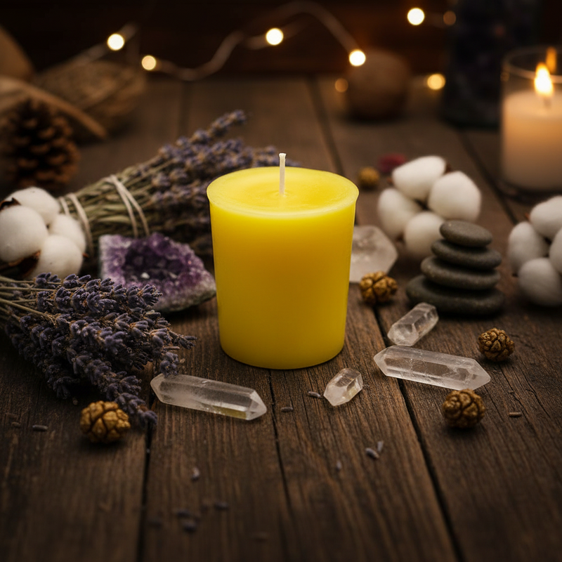 Yellow candle on a wooden surface with crystals, lavender, and stones.
