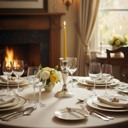 Beeswax candle in an elegant holder in a fancy dinner setting.