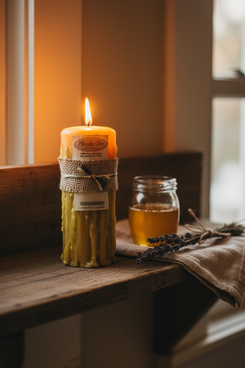 Candle with twine and jar of honey on a wooden surface