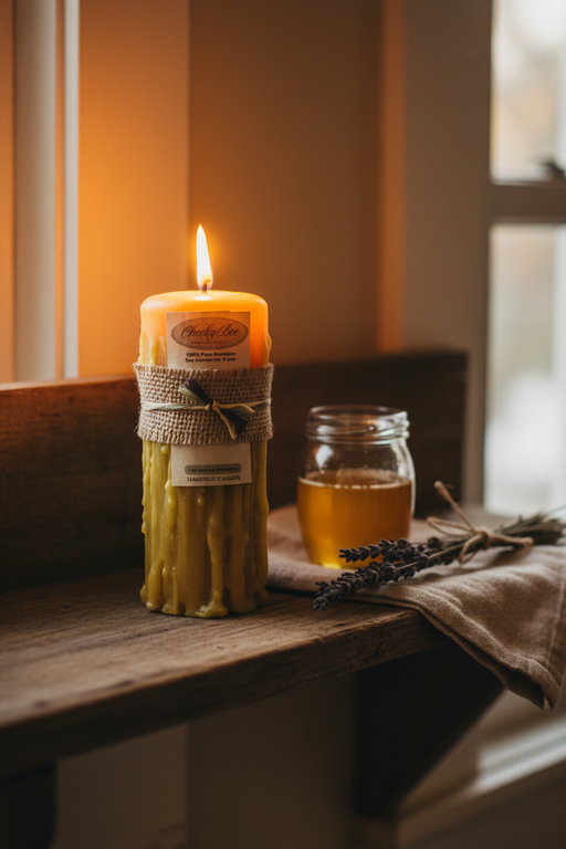 Candle with twine and jar of honey on a wooden surface