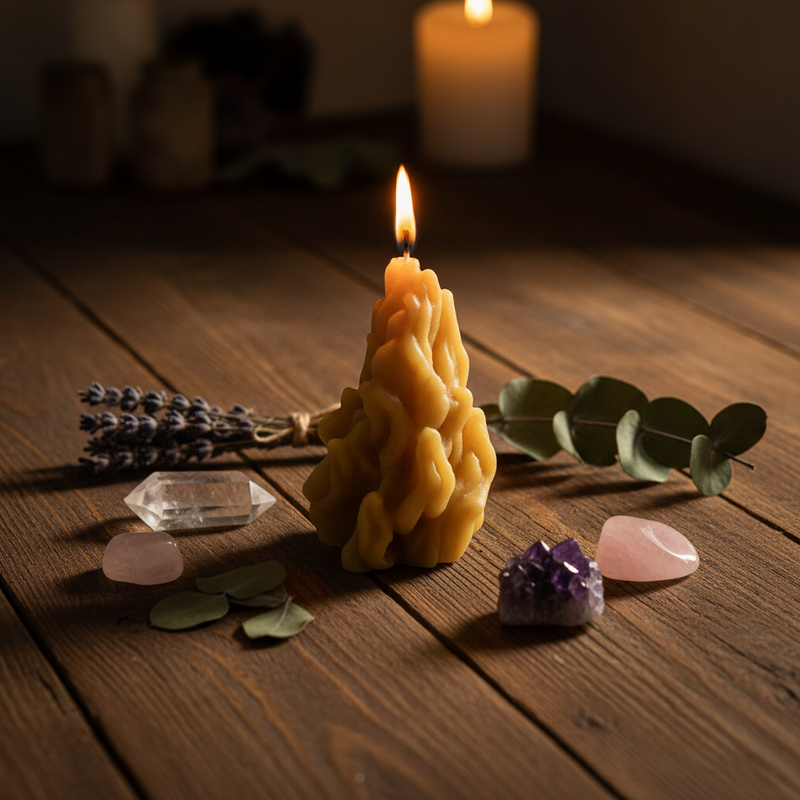 Beeswax candle with crystals and lavender on a wooden surface