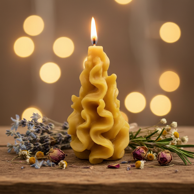 Wavy-textured candle with a flame on a wooden surface with flowers and blurred lights in the background