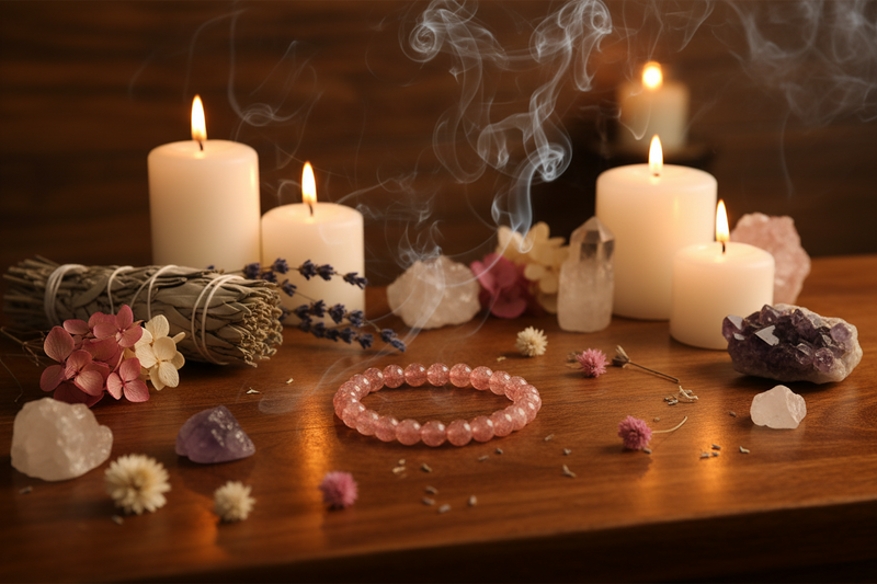 A pink beaded bracelet is displayed on a wooden table surrounded by lit white candles, smoky air, crystals, dried flowers, and a sage bundle in a warm, mystical setting.
