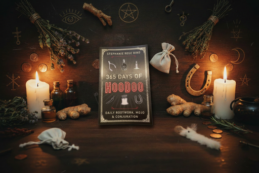 Book titled '365 Days of Hoodoo' surrounded by candles, herbs, and other mystical items on a dark background.