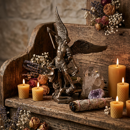 A dark bronze winged angel statue stands on a rustic wooden shelf surrounded by lit beeswax candles, dried flowers, a crystal cluster, and a smudge bundle in a moody styled setting.