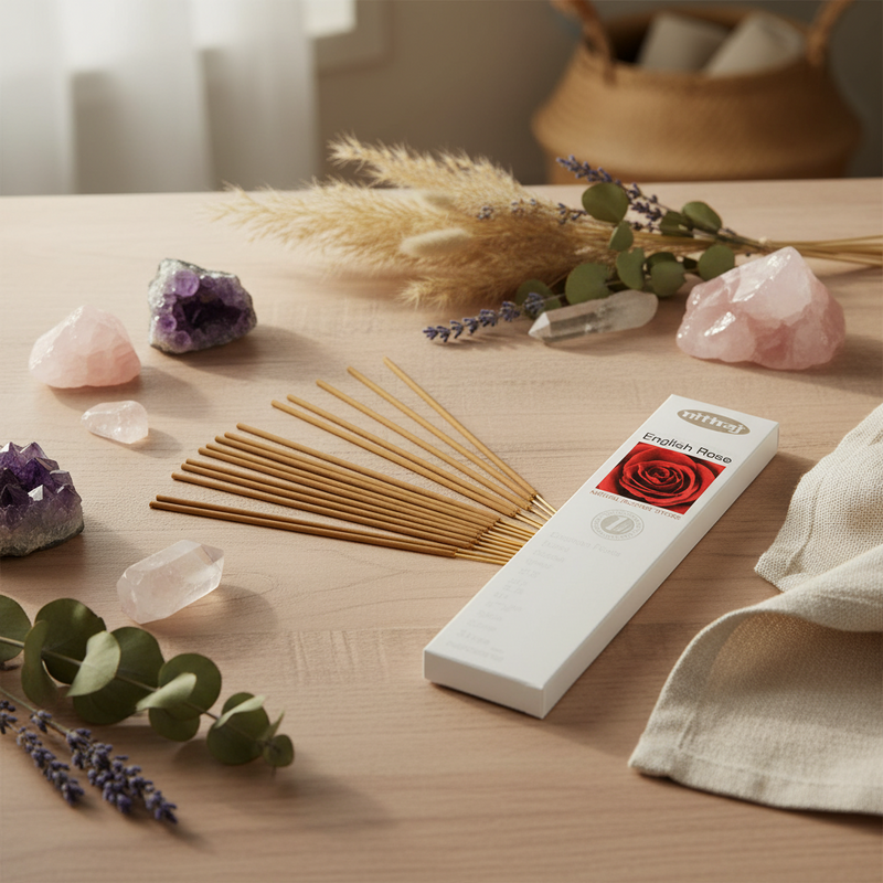 A white incense stick set with a rectangular box labeled 'Nitraj' and 'English Rose Incense Sticks' sits on a light wood table surrounded by crystals, dried grass, eucalyptus, and a cream cloth.