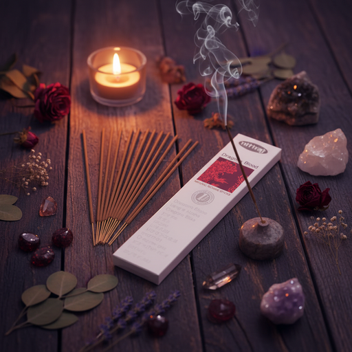 Incense sticks with a white packaging labeled 'Nitya' on a table with crystals, candles, herbs and a burning incense stick.