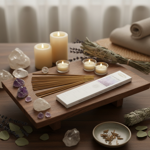 A boxed incense stick set arranged on a wooden tray with lit candles, crystals, dried lavender, and rolled fabric in a softly styled indoor setting.