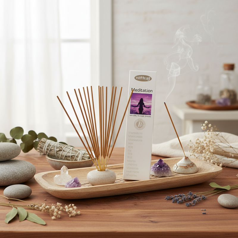 A boxed incense set labeled 'meditation' stands on a wooden tray beside several incense sticks, a smoking incense holder, crystals, dried flowers, and greenery in a softly styled indoor setting.