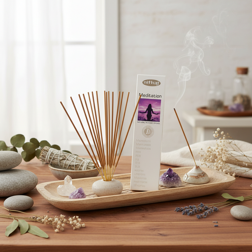 A boxed incense set labeled 'meditation' stands on a wooden tray beside several incense sticks, a smoking incense holder, crystals, dried flowers, and greenery in a softly styled indoor setting.
