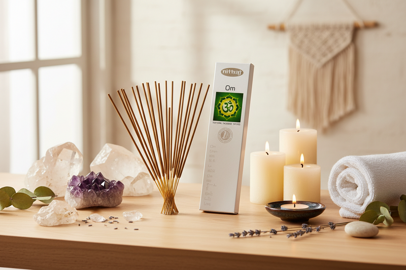 A white Om chakra diffuser device stands on a wooden table surrounded by lit cream candles, incense sticks, crystals, a rolled towel, and small greenery in a softly lit spa-like setting.