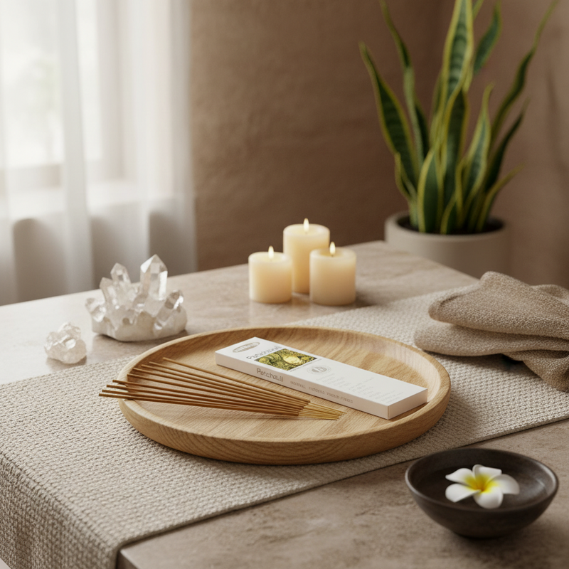 A styled tabletop scene with a round wooden tray holding a white rectangular box and several thin wooden sticks, surrounded by lit candles, crystals, a folded beige cloth, and a small bowl with a white flower. A potted snake plant sits in the background against a warm neutral wall.