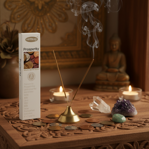 Incense sticks with a packaging label on a table with a buddha statue, money around the incense burner and crystals.