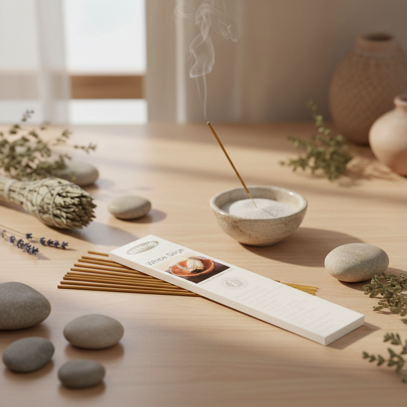 A boxed incense stick set sits on a light wood table beside a small bowl of incense powder, a smoking incense stick, stones, dried herbs, and ceramic vases in a softly lit interior setting.