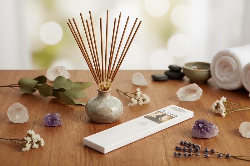 A reed diffuser with wooden reeds in a small speckled ceramic vase sits on a wooden table, alongside a white diffuser box, crystals, small white flowers, lavender sprigs, dark stones, a green bowl, and rolled towels in a softly blurred spa-like setting.