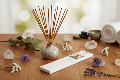 A reed diffuser with wooden reeds in a small speckled ceramic vase sits on a wooden table, alongside a white diffuser box, crystals, small white flowers, lavender sprigs, dark stones, a green bowl, and rolled towels in a softly blurred spa-like setting.