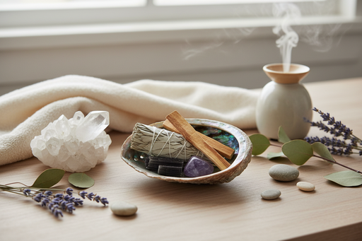 A styled tabletop scene with a small abalone shell holding a white sage bundle, cinnamon sticks, and dark stones, surrounded by lavender sprigs, smooth stones, a white crystal cluster, green leaves, a folded cream blanket, and a small diffuser with rising steam.