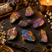 Seven raw, iridescent crystal stones with metallic rainbow sheen arranged on a dark slate board, styled with a smudge bundle, lit candle, and small white flowers.