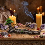 A resin incense holder shaped like a gnarled tree trunk with a small green tree and owl figurine, shown on a wooden table surrounded by lit beeswax candles, crystals, dried flowers, and incense sticks with visible smoke in a warm, mystical setting.