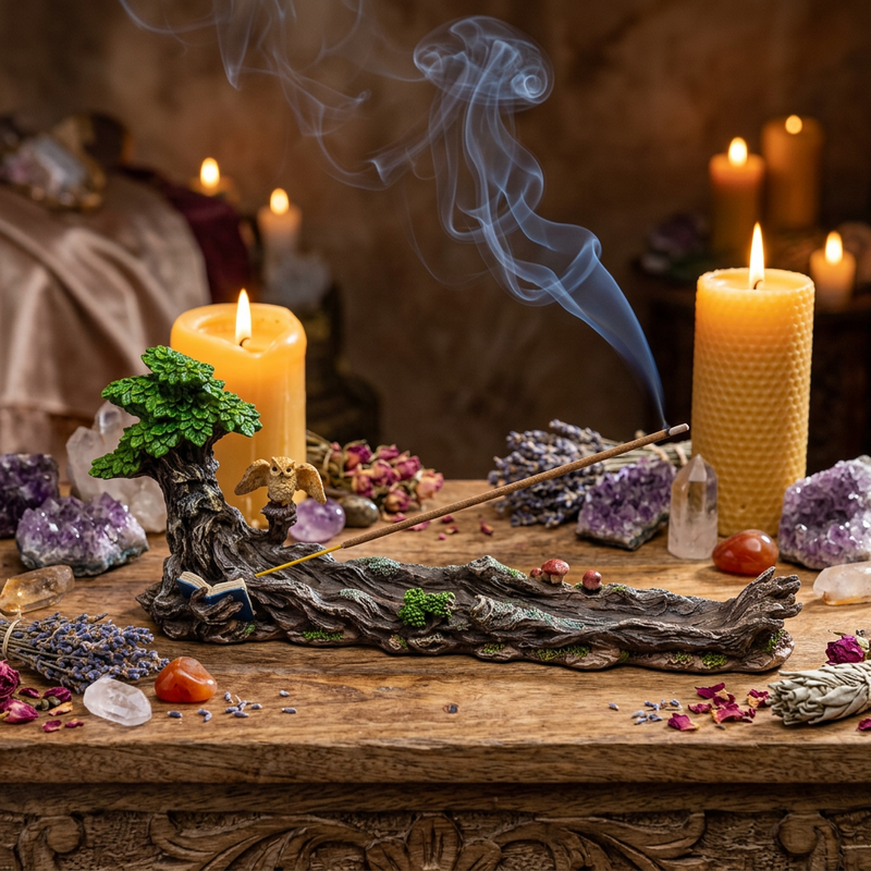 A resin incense holder shaped like a gnarled tree trunk with a small green tree and owl figurine, shown on a wooden table surrounded by lit beeswax candles, crystals, dried flowers, and incense sticks with visible smoke in a warm, mystical setting.