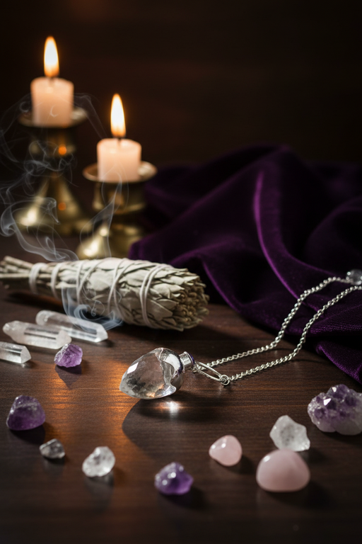A silver pendulum  with a clear teardrop-shaped crystal is displayed on a dark wooden table alongside other crystals, a white sage bundle, and two lit candles, with a purple velvet cloth in the background.