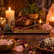 A decorative brass incense holder with an elephant figurine and a smoking incense stick, styled on a wooden table with lit candles, rose quartz, dried flowers, and a salt lamp in a warm, atmospheric setting.