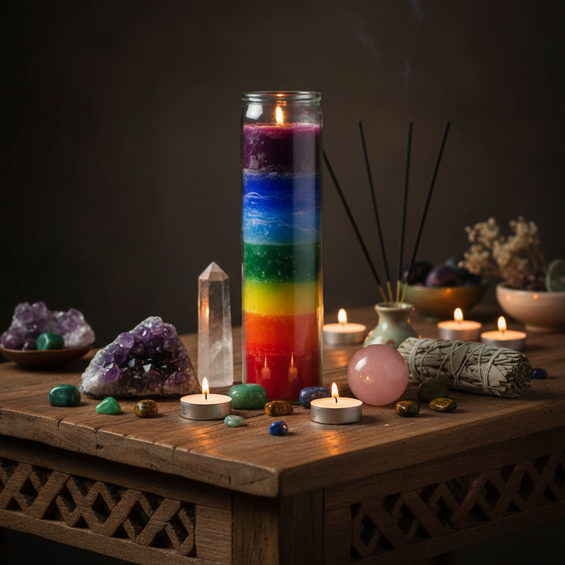 A tall glass candle holder filled with stacked rainbow-colored candles sits on a wooden table surrounded by tea lights, crystals, a smudge bundle, and small vases in a moody, mystical setting.