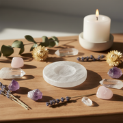 A round white selenite ball holder,  sits on a wooden tray surrounded by crystals, lavender sprigs, dried flowers, and a lit white candle in a ceramic holder.