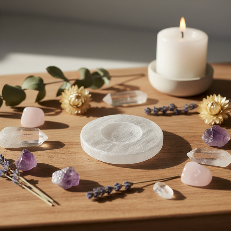 A round white selenite ball holder,  sits on a wooden tray surrounded by crystals, lavender sprigs, dried flowers, and a lit white candle in a ceramic holder.