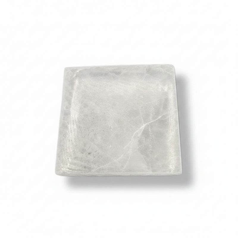 A selenite square  with natural internal veining, photographed from directly above on a clean white background.
