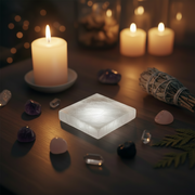 A selenite square charging plate sits on a dark wooden table surrounded by lit candles, crystals, a sage bundle, and soft warm bokeh lights in the background.