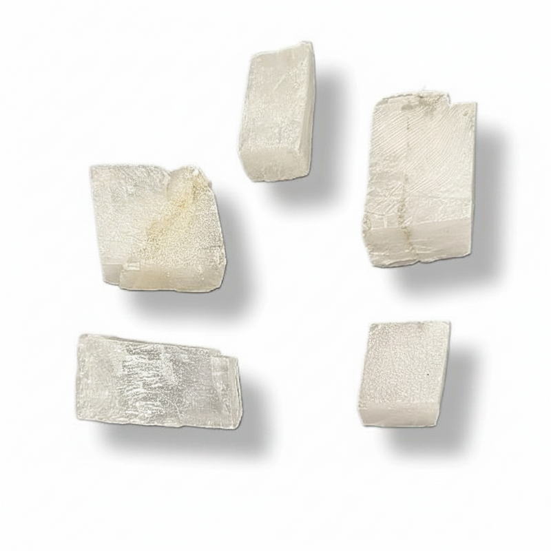 Five rough, irregular off-white stone or crystal chips with natural textured surfaces, arranged on a clean white background with soft drop shadows.